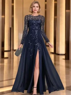 Robe de mère de la mariée robe de soirée col rond manches longues coupe trapèze sequins robe d'invitée de mariage