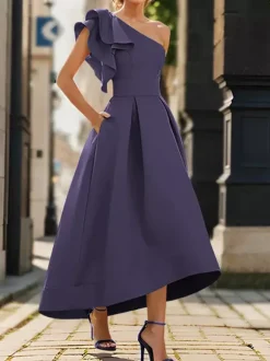 Robe de mère de mairée Robe d'invitée de mariage asymétrique épaule dénudée longueur cheville