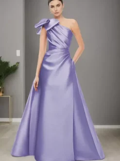 Robe de mère de mariée asymétrique épaule dénudée sans manches ligne a n艙uds longueur au sol robes d'invitées de mariage