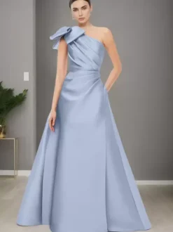Robe de mère de mariée asymétrique épaule dénudée sans manches ligne a n艙uds longueur au sol robes d'invitées de mariage