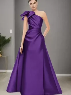 Robe de mère de mariée asymétrique épaule dénudée sans manches ligne a n艙uds longueur au sol robes d'invitées de mariage