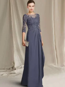 Robe de mère de mariée col bateau demi-manches A-ligne dentelle longueur au sol robes d'invité de mariage