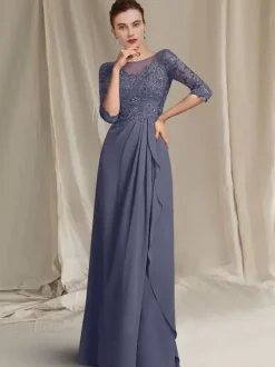 Robe de mère de mariée col bateau demi-manches A-ligne dentelle longueur au sol robes d'invité de mariage