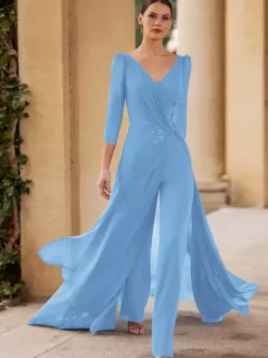 Robe de mère de mariée col en v manches 3/4 combinaison plissée longueur au sol robes d'invitées pour mariage