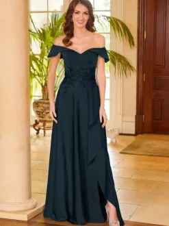 Robe de mère de mariée col en v sans manches fendue sur le devant ligne a robes d'invitées pour mariage