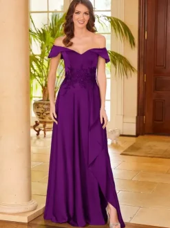 Robe de mère de mariée col en v sans manches fendue sur le devant ligne a robes d'invitées pour mariage