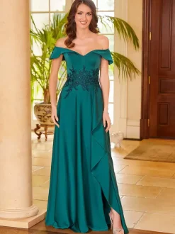 Robe de mère de mariée col en v sans manches fendue sur le devant ligne a robes d'invitées pour mariage