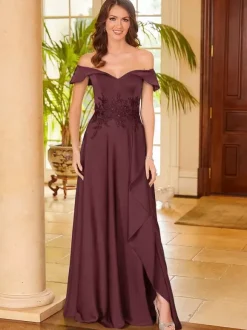 Robe de mère de mariée col en v sans manches fendue sur le devant ligne a robes d'invitées pour mariage