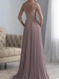 Robe de mère de mariée col rond demi-manche zip sur dos longuer au sol Robe d'invité de mariage