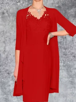 Robe de mère de mariée deux pièces robe col v sans manche veste manche longue