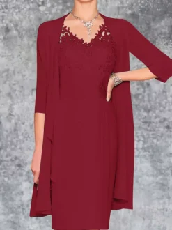 Robe de mère de mariée deux pièces robe col v sans manche veste manche longue