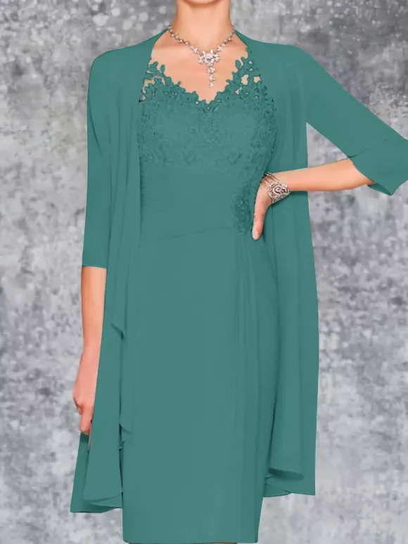 Robe de mère de mariée deux pièces robe col v sans manche veste manche longue