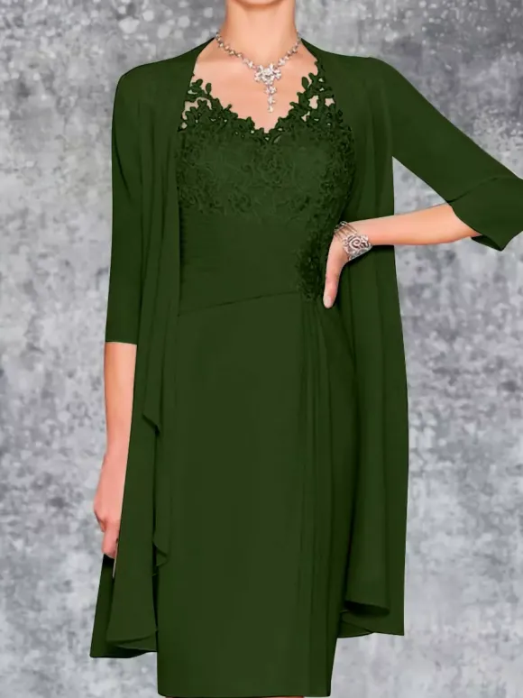 Robe de mère de mariée deux pièces robe col v sans manche veste manche longue