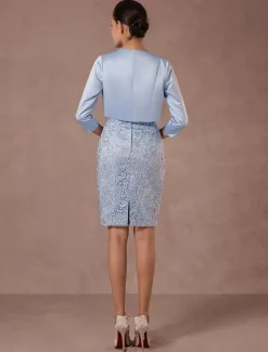 Robe de mère de mariée deux pièces bleu jupe au genou en dentelle robe invitée mariage