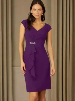 Robe de mère de mariée fourreau en mousseline col V manche courte zip sur dos