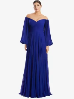 Robe de mère de mariée hors de l'épaule manche longue plissé au sol Robe d'invité de mariage