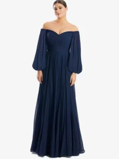 Robe de mère de mariée hors de l'épaule manche longue plissé au sol Robe d'invité de mariage