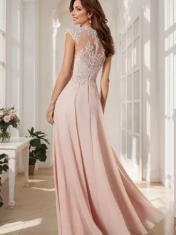 Robe de mère de mariée robe cocktail mariage col rond manche court haut en dentelle jupe en mousseline de soie