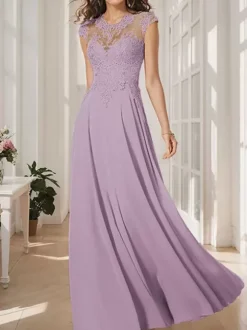 Robe de mère de mariée robe cocktail mariage col rond manche court haut en dentelle jupe en mousseline de soie