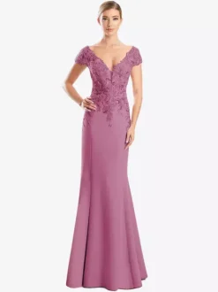 Robe de mère de mariée robe de cocktail mariage col V manche courte zip sur dos