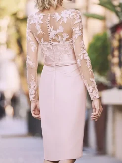 Robe de mère de mariée robe d'invitée pale rose col V manche courte boutonnées sur dos Robe cérémonie