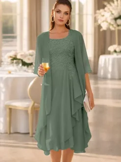 Robe de mère deux pièces col rond manches 3/4 robes d'invitée deux pièces en dentelle pour mariage