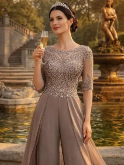 Robe de mère en dentelle mousseline encolure travaillée combinaison manches courtes robes d'invitée de mariage en dentelle