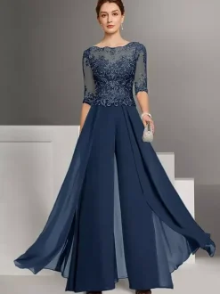 Robe de mère en dentelle mousseline encolure travaillée combinaison manches courtes robes d'invitée de mariage en dentelle
