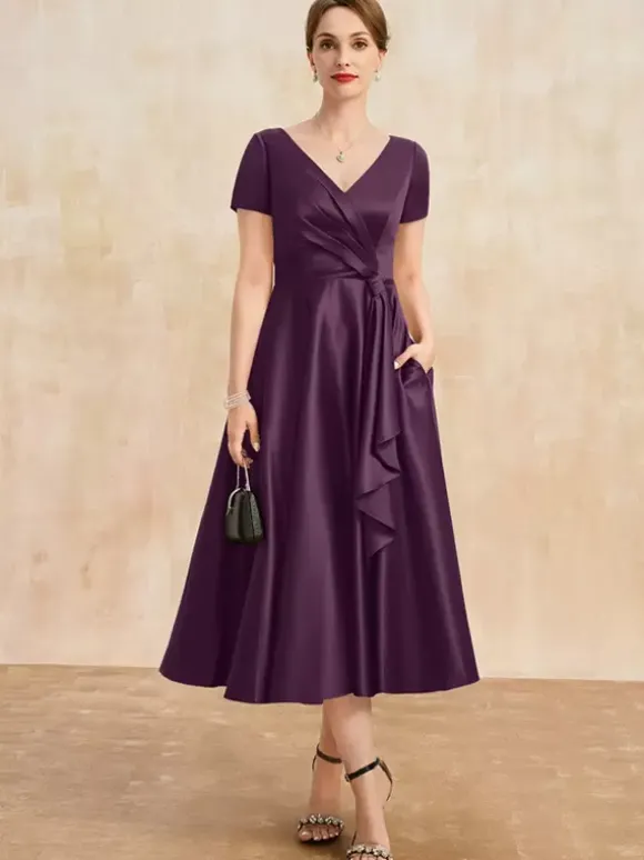 Robe de mère plissée col en v manches courtes ligne a robes d'invitées pour mariage