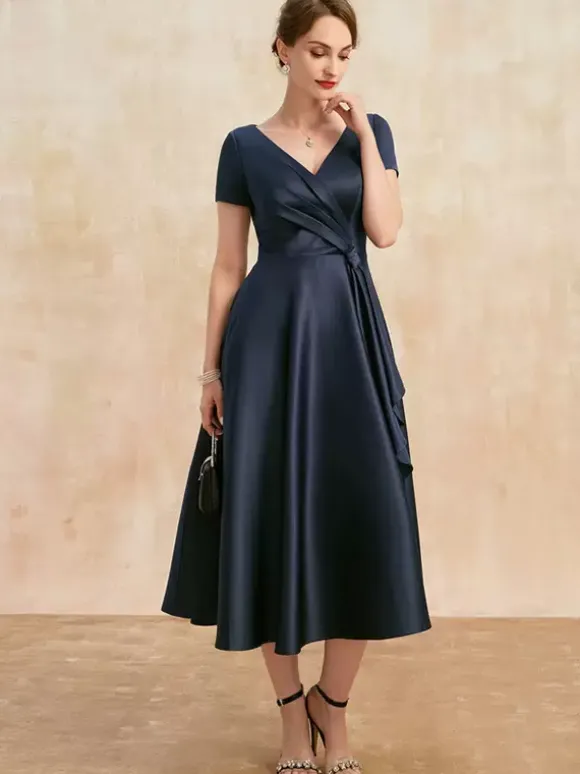 Robe de mère plissée col en v manches courtes ligne a robes d'invitées pour mariage