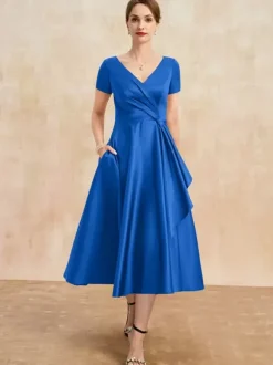 Robe de mère plissée col en v manches courtes ligne a robes d'invitées pour mariage