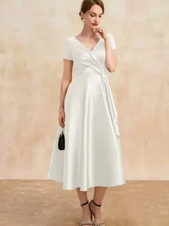 Robe de mère plissée col en v manches courtes ligne a robes d'invitées pour mariage