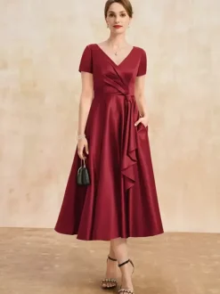 Robe de mère plissée col en v manches courtes ligne a robes d'invitées pour mariage