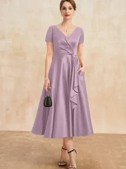 Robe de mère plissée col en v manches courtes ligne a robes d'invitées pour mariage