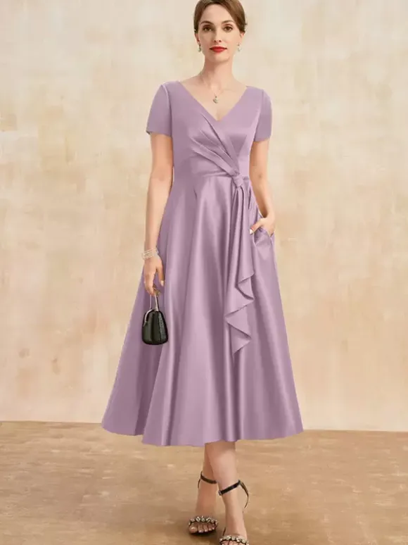 Robe de mère plissée col en v manches courtes ligne a robes d'invitées pour mariage