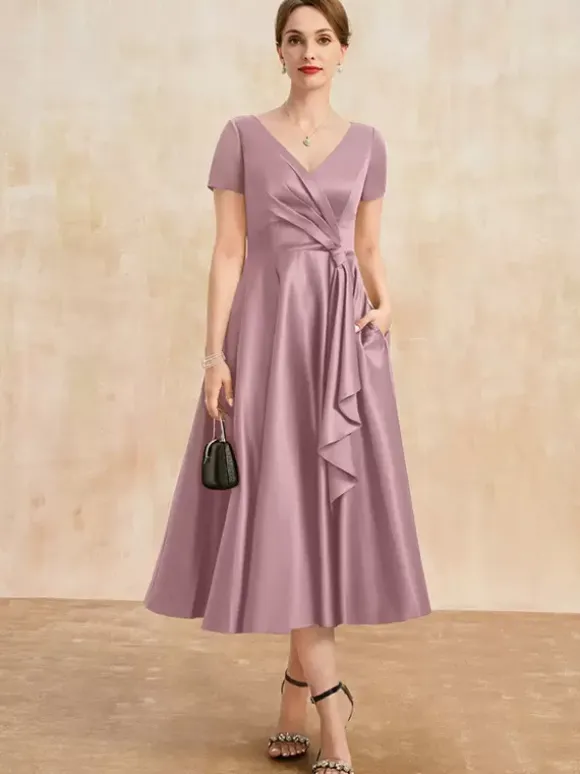 Robe de mère plissée col en v manches courtes ligne a robes d'invitées pour mariage