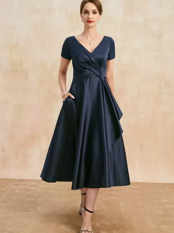 Robe de mère plissée col en v manches courtes ligne a robes d'invitées pour mariage