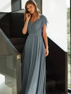 Robe de mère plissée col en v manches courtes ligne a robes d'invitées pour mariage
