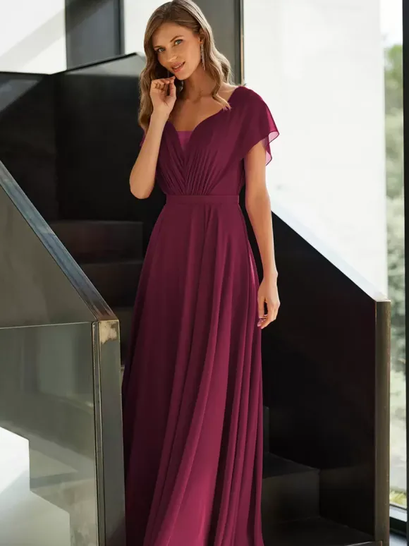 Robe de mère plissée col en v manches courtes ligne a robes d'invitées pour mariage