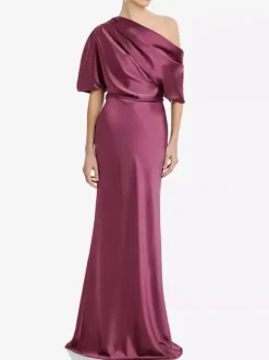 Robe de mère une épaule manches courtes sirène plissée longueur au sol robes d'invitées de mariage