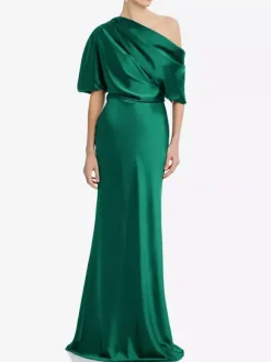 Robe de mère une épaule  manches courtes  sirène plissée  longueur au sol  robes d'invitées de mariage