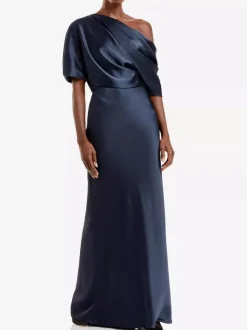 Robe de mère une épaule manches courtes sirène plissée longueur au sol robes d'invitées de mariage