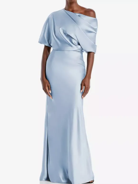 Robe de mère une épaule manches courtes sirène plissée longueur au sol robes d'invitées de mariage