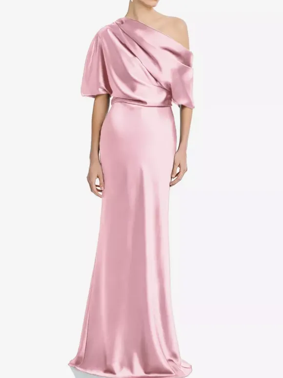 Robe de mère une épaule manches courtes sirène plissée longueur au sol robes d'invitées de mariage