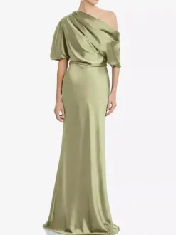Robe de mère une épaule manches courtes sirène plissée longueur au sol robes d'invitées de mariage