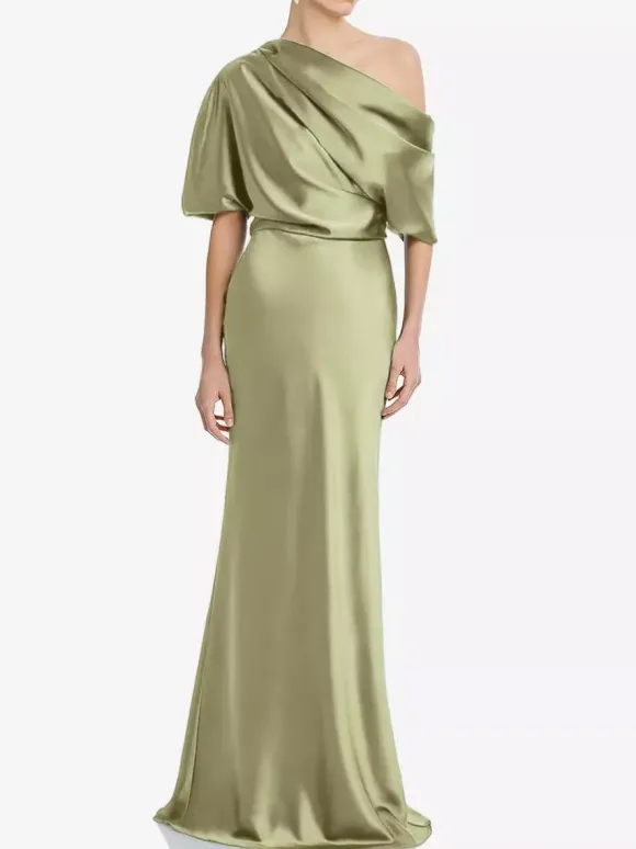 Robe de mère une épaule manches courtes sirène plissée longueur au sol robes d'invitées de mariage