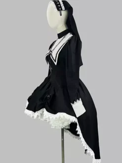 Robe de nonne Gothic Lolita à ourlet asymétrique avec accessoires de coiffe