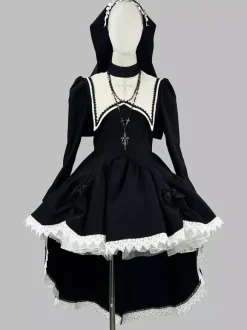 Robe de nonne Gothic Lolita à ourlet asymétrique avec accessoires de coiffe
