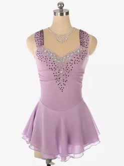Robe de patinage artistique bleu clair à encolure perlée en polyester pour femmes et filles.