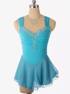 Robe de patinage artistique bleu clair à encolure perlée en polyester pour femmes et filles.